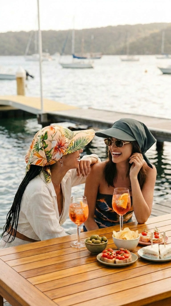 girls having aperitivo wearing visor bandana hat