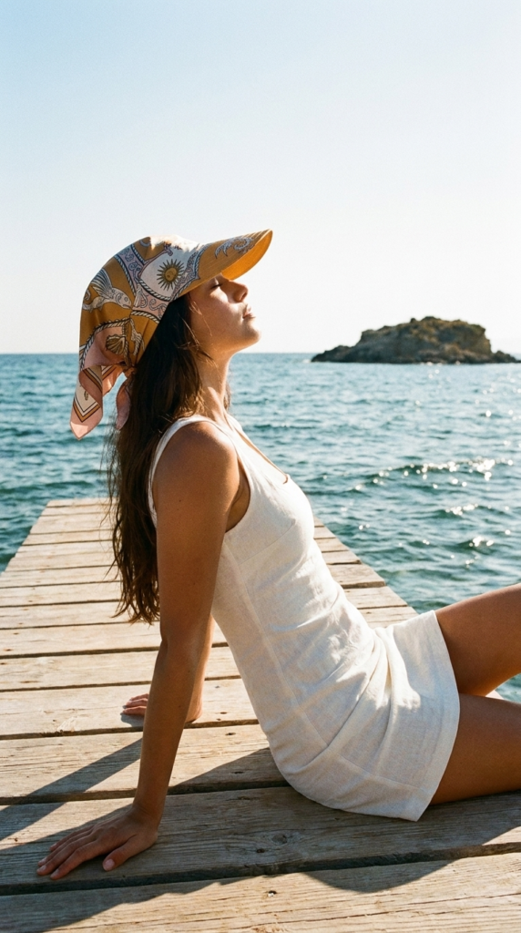 girl sunbathing with hat on the beach