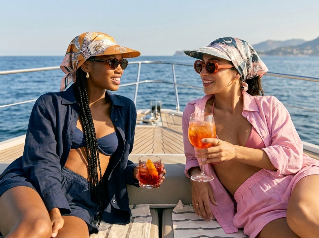 girls in a boat wearing hats and drinking